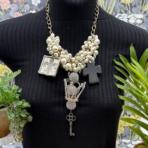 ⭐️Adorned Crown Jewelry assemblage bauble bead crown cross glass bezel necklace